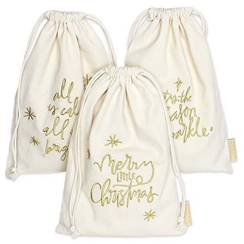 Papierdrachen Geschenkverpackung Weihnachten 2025 - Stoffbeutel 3er Set - 20x30 cm - beige - mit Stickerei in gold - wiederverwendbar zum Befüllen
