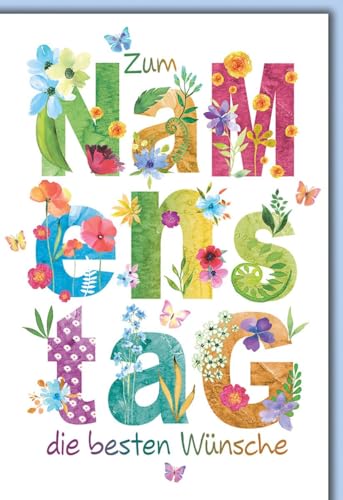 Namenstagskarte Festlich - Blumen - Bunte Buchstaben mit Schmetterlingen und floralen Akzenten - Klappkarte mit Umschlag