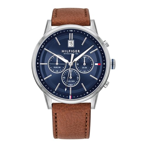 Tommy Hilfiger Herren Multifunktions-Quarzuhr mit 44 mm - Marineblaues Zifferblatt, Heller Braun Lederarmband, 3 Unterzifferblätter, Wasserfest bis 5ATM - 1791629
