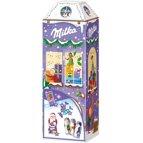 Milka 3D Haus Adventskalender mit zarten Alpenmilch-Schokoladenfiguren – dekoratives Winterhäuschen – 223g