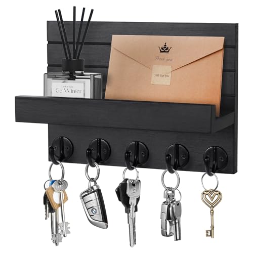 Kldgris Schlüsselbrett mit Ablage, Dekoratives Holz Wandregal, Schlüsselbrett Holz Schwarz, mit 5 Schlüsselhaken, für Eingang, Flur, Schlafzimmer, Wohnzimmer