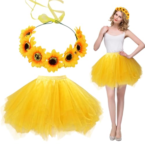 TUONYIS Sonnenblumen Kostüm Damen 2 Stück, Damen Tutu Tüllrock mit Sonnenblumen Haarreif, Tüllrock Petticoat Multi-SchichtenVintage Ballet Blase Firt Tulle Petticoat Puffy Tutu für Damen Mädchen (Gelb