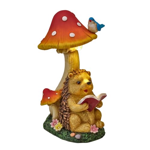 TERESA'S COLLECTIONS Gartendeko für Draußen Igel Gartenfigur mit Pilz Feengarten Figur Solar Gartenleuchte aus Kunstharz Wasserdicht Herbstdeko Gartendeko Terasse Hof 26cm