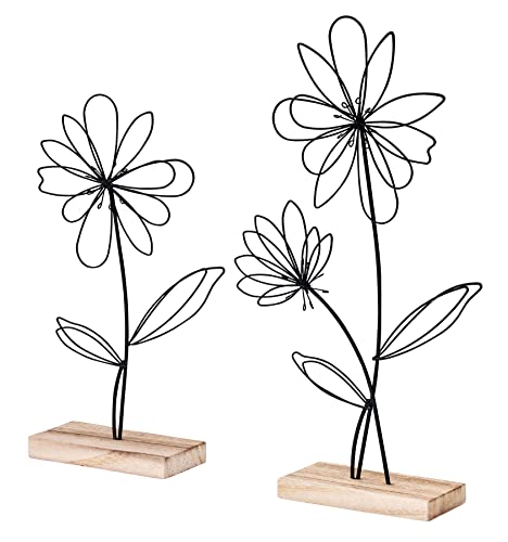 levandeo Aufsteller Blume 2er Set Metall Holz Schwarz Natur Draht Deko Tischdeko Frühling Figur Wohndeko