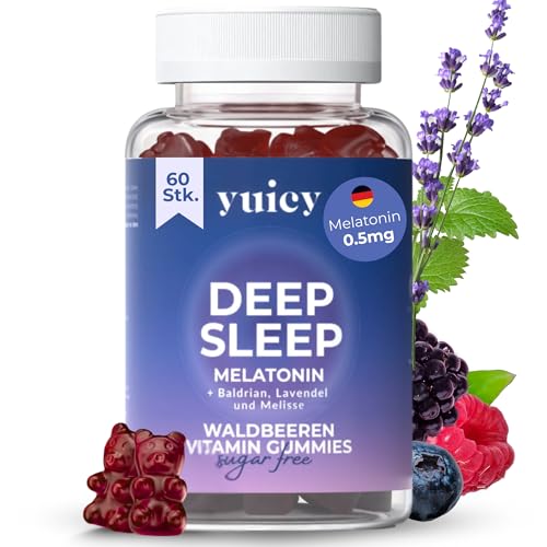 YUICY Melatonin Gummies – 60 Stk. Extrem Leckere & Zuckerfreie Gummibärchen zum Einschlafen - 0,5mg Melatonin Hochdosiert & Vegan - Bewährte Einschlafhilfe Erwachsene - Deep Sleep