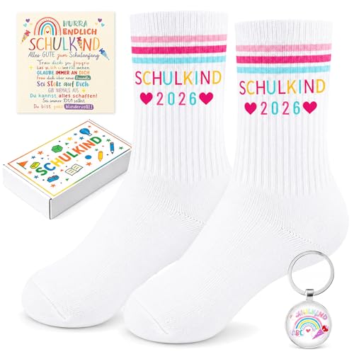 Scinzene Schulkind 2026 Mädchen Geschenkset – Einschulung Socken mit Schlüsselanhänger & Karte in Geschenkbox, Schultüte Füllung, Schulanfang Geschenk für Mädchen