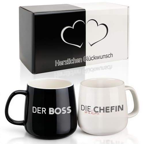 TUZELIYA Der Boss & Die Wahre Chefin Partnertassen Set – Hochzeitsgeschenk für Brautpaare, Jahre Geschenk für Frauen & Männer, Schwarz und Weiß Paar Tassen für Hochzeit, Jahrestag & Weihnachten
