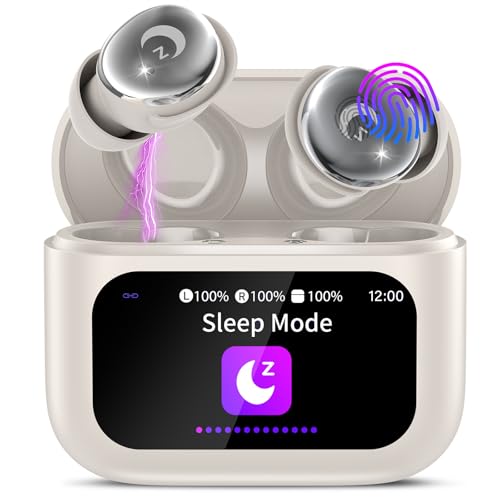 Bluetooth Kopfhörer, Mini 48H Schlafkopfhörer Bluetooth 5.4 mit Touchscreen, 2025 Neue in Ear Kopfhörer Kabellos mit ENC Noise Cancelling, IPX7 Ohrhörer mit Immersiver Deep Bass Ohrhörer, Beige Weiß