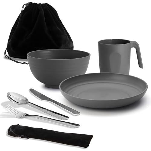 Camping Utensilien, ReaNea Camping Mess Kit für Reisen, Camping, Picknick, Outdoor, Camping Gear Include Messer, Löffel, Gabel Besteck Set, Tasse, Schüssel, Teller, Camping Essentials