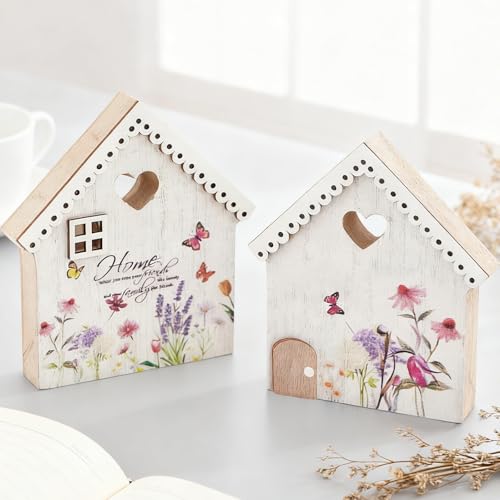 Frühlingsdeko Tisch Fenster 2 Stück Frühlingsdeko Innen Tischdeko Ostern Kommunion Deko Holz Deko Aufsteller Frühlings Häusers Osterdeko für Küche Balkon Tisch Fensterbanks Hinstellen und Verschenken