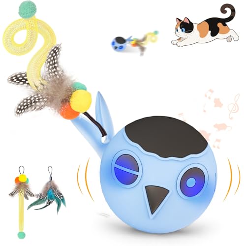 Zeepet katzenspielzeug Ball, Interaktives Katzenspielzeug, katzenball elektrisch, Automatisch Beweglicher Vogelball mit 2 Federschwänzen, Berührungsaktivierung, Mehrere Zwitschertöne