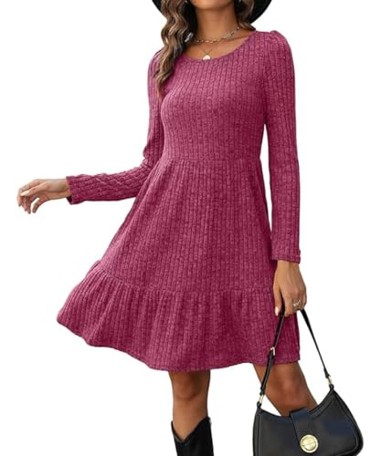 ABINGOO Damen Langarm Pulloverkleid Rundhals A-Linie Freizeitkleid Elegant Langarmkleid Herbst Winterkleid Einfarbige Lässiges Tunikakleid(Rosa,XL)