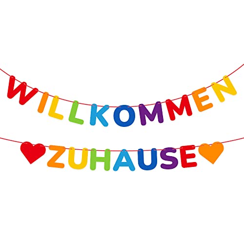 ecooe Willkommen Zuhause Banner Bunt, herzlich willkommen Girlande für Dekoration Familie Partei Welcome Home Banner mit 19Stk Wimpeln und 2Stk 3 m Juteseil
