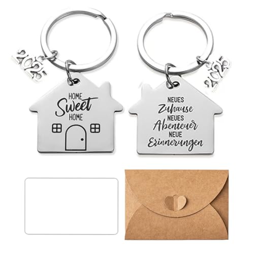 2 Stück 2025 Schlüsselanhänger Haus, New Home Gifts for Couple,Mit 1 Briefumschlag und Blankokarte,Housewarming Gifts,Schlüsselringe Individuelles Personalisiertes Geschenk Einweihungsgeschenk