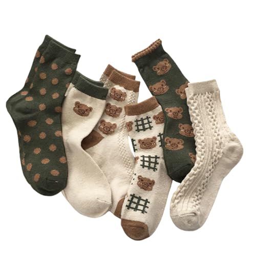 Calkkrer 6 Paar dicke Damen Socken, Kawaii Bären Muster, Warme Winter-Socken, Cozy Frottee Thermosocken, Stiefelsocken, Damen Wärme, Baumwolle Socken, Damen Vintage-Socken