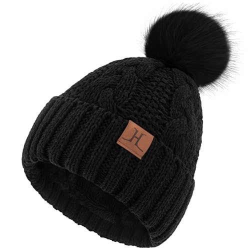 ZASFOU Mütze Damen Winter Beanie mit Fleecefutter Warme Chenille Wintermütze Thermo Zopfmuster Pompom Mützen Strickmütze für Frauen Geschenk