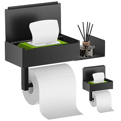 Toilettenpapierhalter Ohne Bohren, Okiuen Toilettenpapierhalter mit Feuchttücherbox Klopapierhalter Ohne Bohren mit Ablage, Edelstahl Anti-Fingerabdruck Klorollenhalter für Badezimmer Matt Schwarz