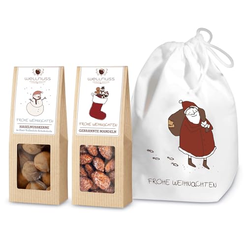 WELLNUSS Winterwunder - Premium Weihnachts-Geschenk für Männer & Frauen I 2 Nuss- & Schokoladen-Snacks im Baumwollsäckchen zu Weihnachten I Feinkost Geschenkidee für Eltern, Partner, Freunde