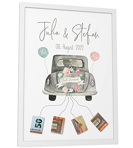 Papierschmiede® Personalisiertes Geldgeschenk Hochzeit mit Namen, Hochzeitsgeschenke für Brautpaar | DIN A4 (21x30 cm) Poster mit Rahmen | Verpackung Geldgeschenke Geschenk Bild „Wedding Money“