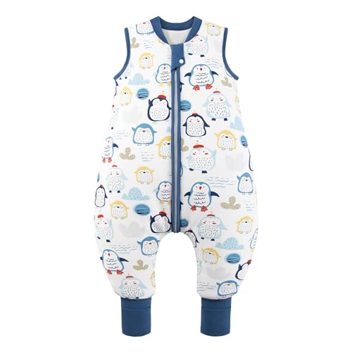 MIKAFEN Baby Schlafsack Winter mit Füßen 2.5 Tog 100% Baumwolle Kinder winterschlafsack für Jungen und Mädchen 90/Höhe95-105cm,Blauer Pinguin