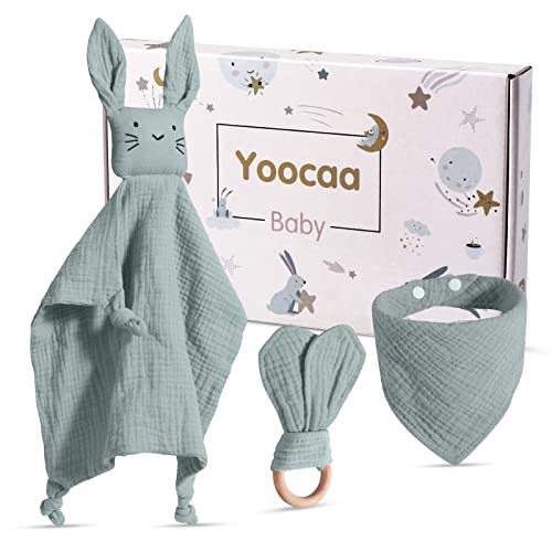 Yoocaa Baby Geschenk zur Geburt Junge and Mädchen, Reiner Musselin Baumwolle Schmusetuch, Lätzchen und Beißring Geschenke zur Geburt (Mint)