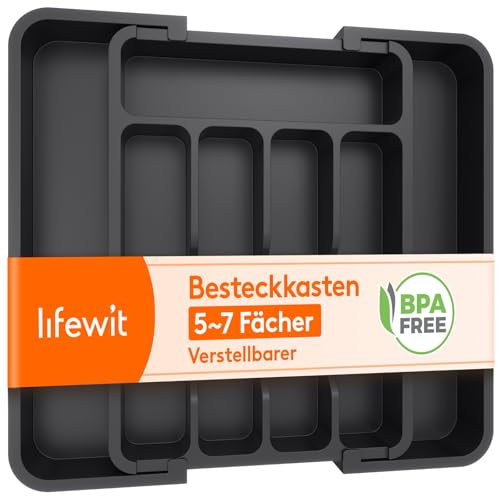 Lifewit Besteckkasten für Schubladen, Verstellbarer Küchenutensilienhalter Tiefe 31 cm, Kunststoff Küche Organizer erweiterbar auf 37 cm, Besteckhalter Utensilienständer für Löffe/Gabeln, Schwarz