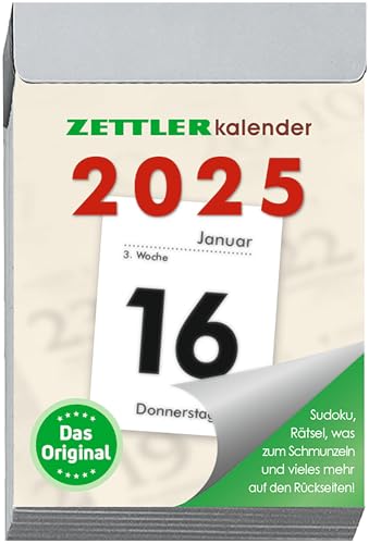 Zettler - Tagesabreißkalender 2025 S, 4,1x5,9cm, Abreißkalender mit Sudokus, Sonnen- und Mondzeiten, Namenstage, hellgraue Patentklammer, mit Aufhängung und deutsches Kalendarium