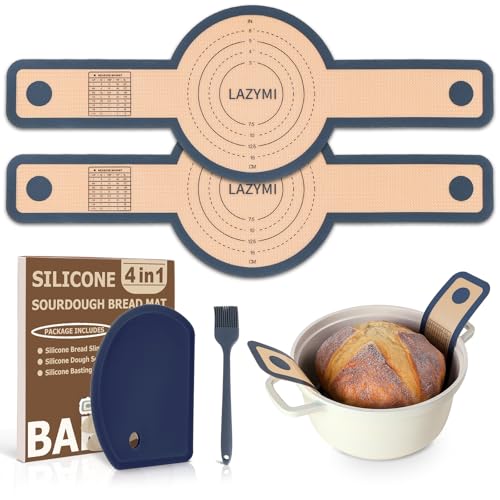 Lazymi Silikon Backmatte für Dutch Oven 2 Stück, Wiederverwendbare Silikon Backmatte Brot mit Langen Griffen für Brottopf, Teigmatte mit Teigschaber&Backpinsel, Brotmatte für Backofen, Dunkelgrau