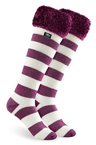 CityComfort Kuschelsocken Damen, Dicke Socken Damen, Rutschfeste Haussocken Damen, Kniehohe Strümpfe Damen (Burgunderrot/Weiße)