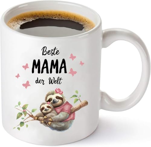 Merrwon Mama Faultier Tasse mit Spruch Beste Mama der Welt - 330ml Keramik Kaffeetassen mikrowellengeeignet spülmaschinenfest, Geschenke für Mutter zu Geburtstag, Weihnachten und Muttertag