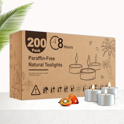 Hypmis Teelichter 200 Stück aus natürlichem Palmölwachs – 8 Stunden Brenndauer – Weiß, rußfrei & tropffrei – für gemütliche Abende & romantische Deko