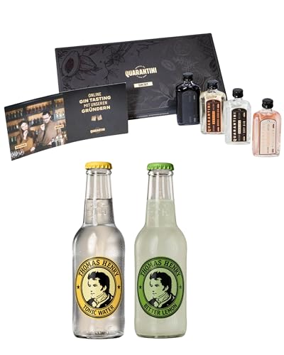Quarantini Gin Tasting Set inkl. 42% Vol. Online-Tasting. (4 x 50 ml) + 2 Mischgetränke (je 200 ml) – Geschenkset mit vier Sorten (Barrel Aged, Dry, Black und Rosé) | inkl. Live Tasting Gutschein