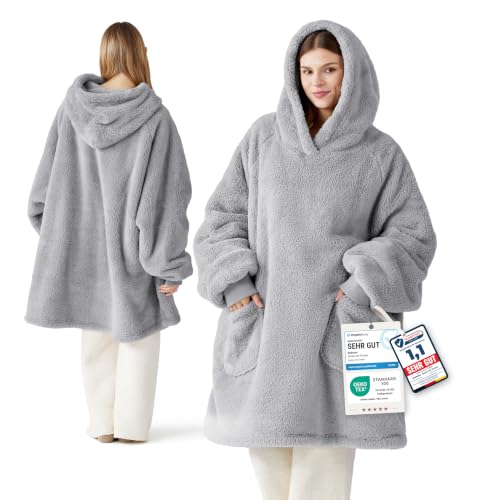 BEDSURE Hoodie Decke mit Ärmeln Geschenke Grau - 95x85cm | Weiche, warme Kuscheldecke mit Ärmeln, tragbar mit Taschen, ideal für Couch & Winter. Geschenke für Frauen & Männer