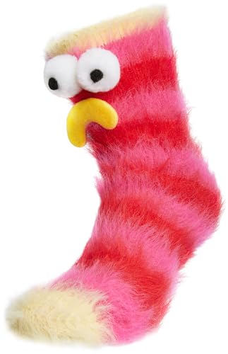 BRUBAKER Lustige Cartoon Monster Socken - Mad Milly - Witzige Plüschsocken mit Gesichtern - 3D Haussocken Geschenk für Erwachsene und Kinder - Warm und Flauschig - Rot und Pink - Größe 36-41