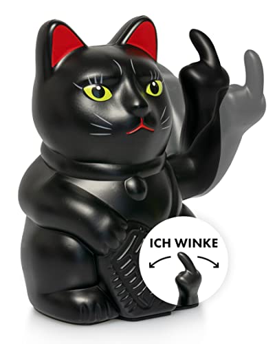 ANGRY CAT - Winkekatze Lucky CAT - Lustige winkende Katze - japanische Winkkatze mit Stinkefinger - Dekoartikel Wackelfigur Katze - Winke-Arm mit Mittelfinger - 15cm, SCHWARZ-MATT