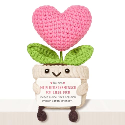 Giftasy Ich Liebe Dich Geschenke - Handgemachte Gehäkelte Herzblume mit Energiekarte, Valentinstag Jahrestag Hochzeitstag Pärchen Freundin Freund Partner Paar Ehemann Valentinstagsgeschenk