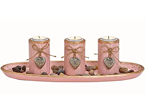 Deko-Set mit 3 Teelichthalter mit Herzen auf Tablett aus Holz mit Steinen – Tischdeko für Wohnzimmer, Hochzeit, Kerzenhalter Set im Landhausstil - B39 x H12cm x T15cm (ROSA)