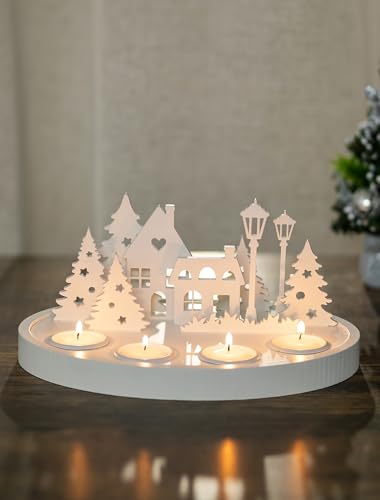 NUPTIO Adventskranz Holz Teelichter Modern: Adventsgesteck Tisch Weihnachten Deko Rund Weihnachtskranz Teelichthalter Adventsdeko Weiß Weihnachtsdorf Haus Kerzenhalter Skandinavisch, 27 x 20 x 12.5cm