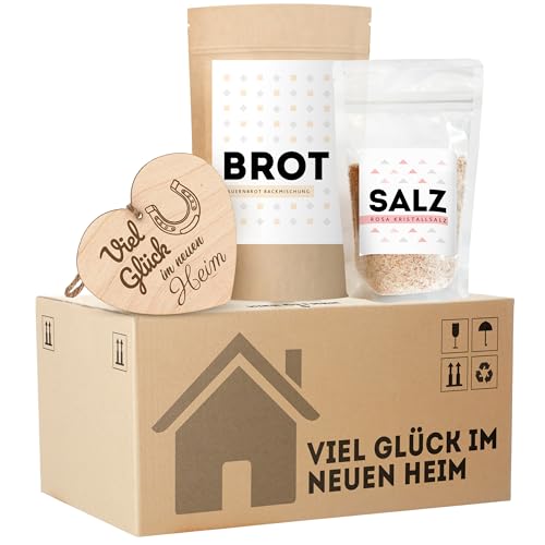 Einweihungsgeschenk für Wohnung und Haus, originelles Brot und Salz Geschenk zum Einzug im mini Umzugskarton, tolles Einzugsgeschenk für Haus und Wohnung, mit Holzherz