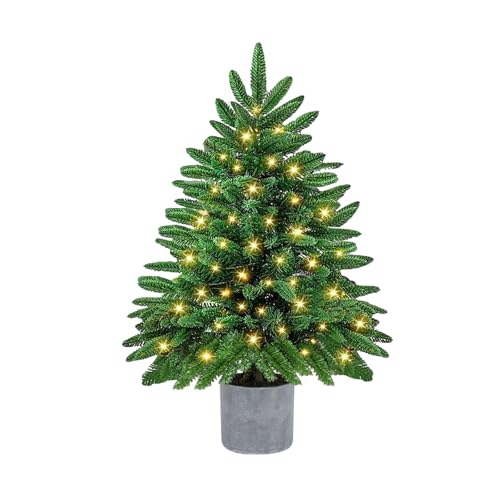 Kleiner Weihnachtsbaum 60 cm, 100 % PVC Spritzguss Mini Künstlicher Weihnachtsbaum mit Beleuchtung 60 LEDs Christbaum Künstlich mit 295 Spitzen Inklusive Timer und Sockel für Zuhause Weihnachtsdeko