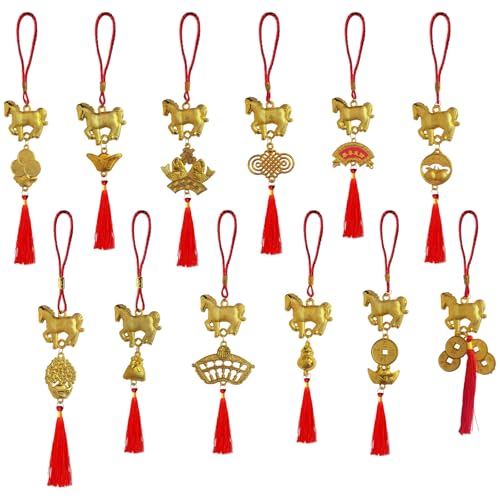 12 Stück Chinesisches Neujahr 2026 Pferd Anhänger – Feuerpferd 2026 Deko in Goldoptik – Jahr des Pferdes 2026 Glücksbringer Set – Chinese New Year Decoration für Zuhause & Baum ﻿