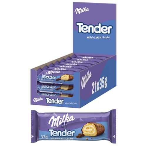 Milka Tender Milch – Biskuit-Rolle mit feiner Milchcrème-Füllung, umhüllt von Alpenmilch-Schokolade – 21 x 35g