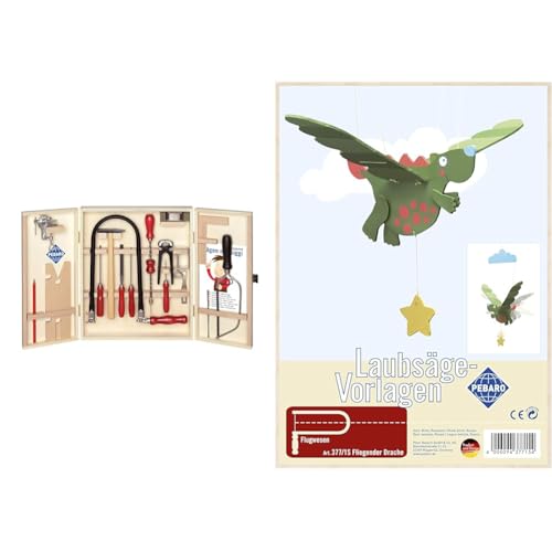 Öko-Laubsägeschrank - ohne Kunststoff für umweltbewusste Bastler, Laubsäge und Werkzeuge aus Stahl, insgesamt 24 Teile platzsparend im Holzschrank & 377/1S Papeterie & Sticker, DIN A4