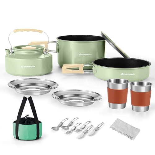 Odoland Camping Kochgeschirr Set Antihaft-Topf und Pfanne Set mit Wasserkocher, Edelstahl Utensilien Mess Kit, Tassen Teller Messer Löffel Gabeln für Outdoor-Kochen