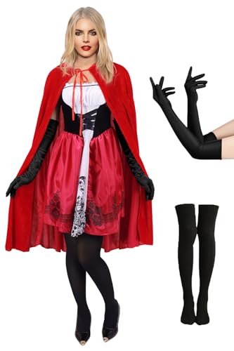 Velmawig Rotkäppchen Kostüm Damen Rotkäppchen Umhang mit Kapuze Erwachsene Halloween Karneval Kostüm Frauen Fasching Cosplay Outfit Partykleid VL042M
