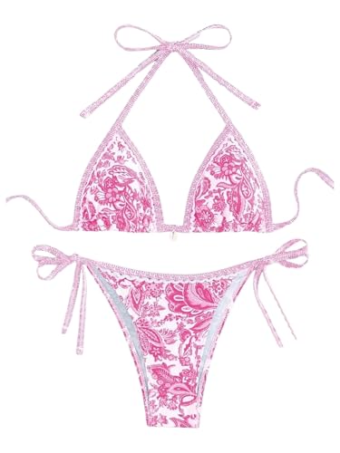 BYFINECANY Damen-Badeanzug, Blumenmuster, Neckholder, Paisleymuster, Sommer-Badeanzug, Bikinis-Set, Pink, Medium