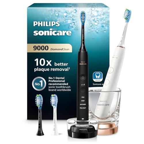 Philips Sonicare DiamondClean 9000 elektrische Zahnbürste, Doppelpack,Zahnbürste mit Schalltechnologie inklusive App, Drucksensor,4 Putzmodi,3 Intensitätsstufen, schwarz und roségold, Modell HX9914/61