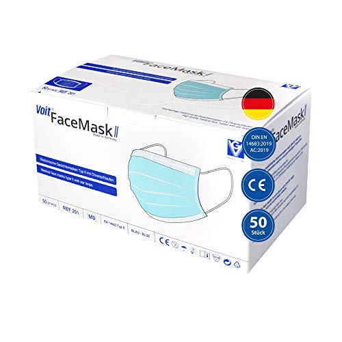 VOIT - Medizinische Gesichtsmaske Typ II EN 14683, 3-lagig, Einweg-Mundschutz, atmungsaktiv, OP-Maske mit Ohrenschlaufen, Made in Germany, 50 Stück