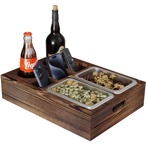 LANMOU Couchbar, Holz Couchbar Snackbox mit 2 Snackschalen aus Edelstahl, Couch Bar, Couch Butler Sofa Bar mit Organizer Flaschenhalter, Snackbar Couch Retro Stil