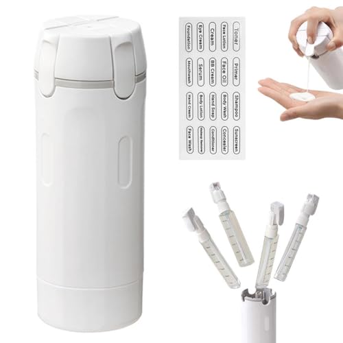 4-in-1-Reisespender, 4 Stück, 30 ml, Reiseflaschen für Toilettenartikel, nachfüllbar, auslaufsicher, Mini-Shampoo-Spender mit Skala und Etikett, tragbare Behälter für Shampoo, Lotion, Conditioner